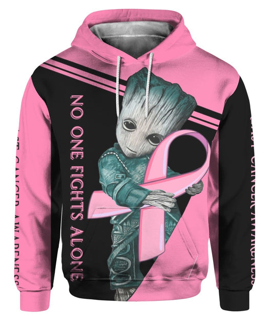  Breast Cancer Shirt Groot Hugging Breast Cancer Ribbon No One Fights Alone Black Pink Hoodie Apparel Full Print