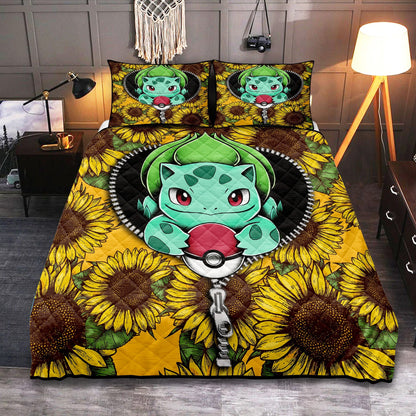 PKM Bedding Set Bulbasaur Sunflower Zipper Duvet Covers Yellow Unique Gift