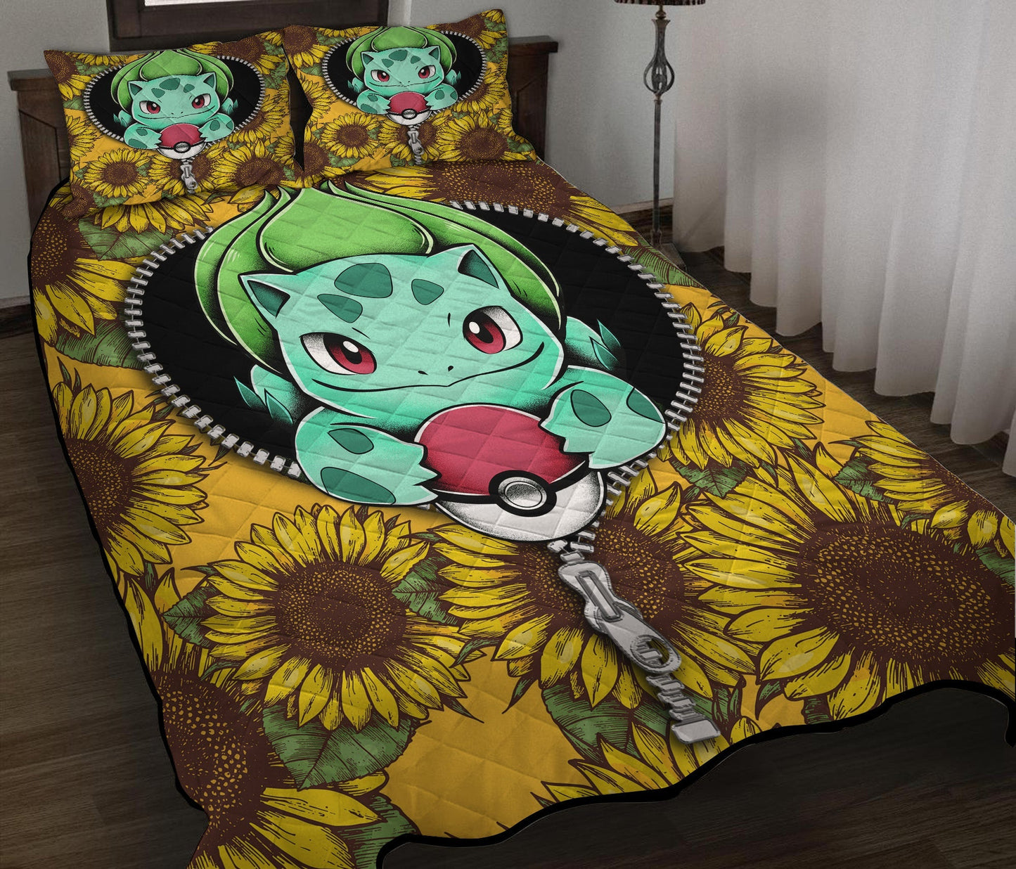 PKM Bedding Set Bulbasaur Sunflower Zipper Duvet Covers Yellow Unique Gift