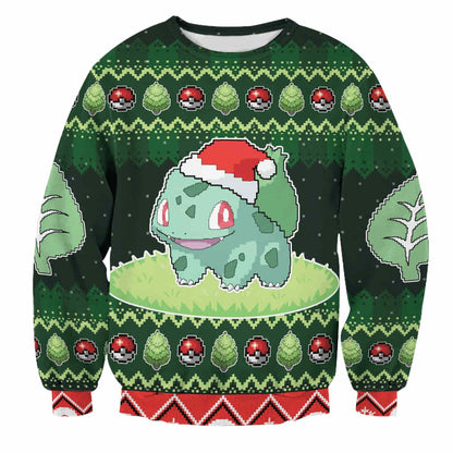 PKM Sweatshirt PKM Bulbasaur Pokeball Christmas Tree Pattern Sweatshirt Green Unisex