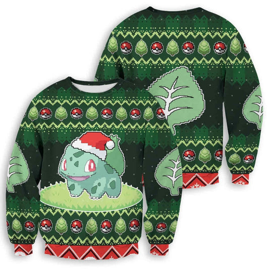 PKM Sweatshirt PKM Bulbasaur Pokeball Christmas Tree Pattern Sweatshirt Green Unisex