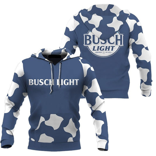 Busch Light Hoodie Busch Light Cow Pattern Hoodie White Blue Unisex