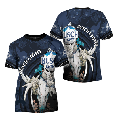 Busch Light T-shirt Busch Light Deer Skull With Mushrooms T-shirt Blue Unisex