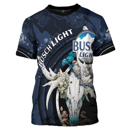 Busch Light T-shirt Busch Light Deer Skull With Mushrooms T-shirt Blue Unisex