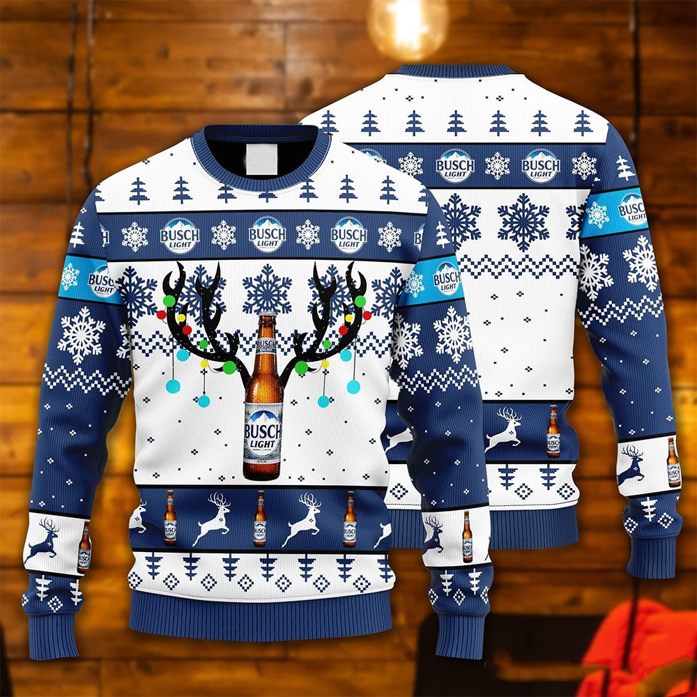 Busch Light Sweatshirt Busch Light Reindeer Pattern Christmas Sweatshirt White Blue Unisex Adults