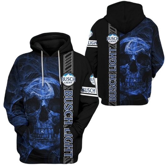 Busch Light Hoodie Busch Light Smoking Skull Hoodie Black Blue Unisex