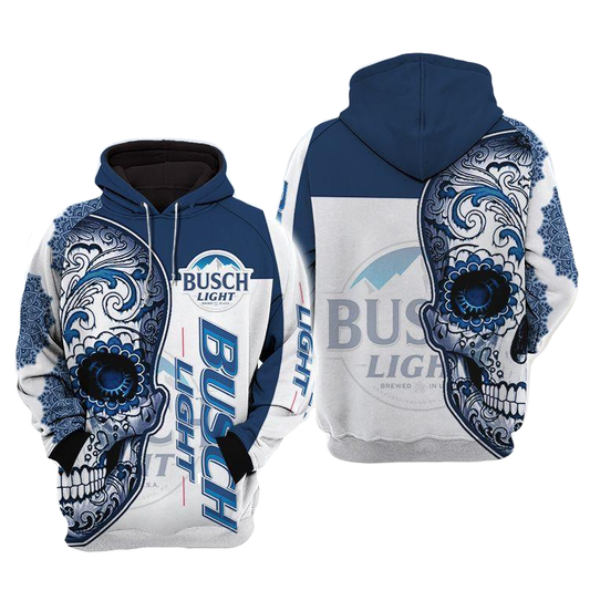 Busch Light Hoodie Busch Light Sugar Skull Hoodie White Blue Unisex