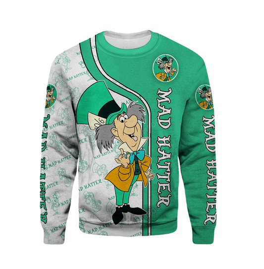 Alice In Wonderland Sweatshirt Cartoon Character Mad Hatter Sweatshirt White Green Unisex