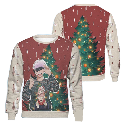 Jujutsu Kaisen Sweatshirt Christmas Tree Gojo Sweatshirt Red White Unisex