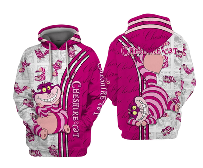 AIW Hoodie Cheshire Cat Comic Style Pattern Hoodie Pink White Unisex