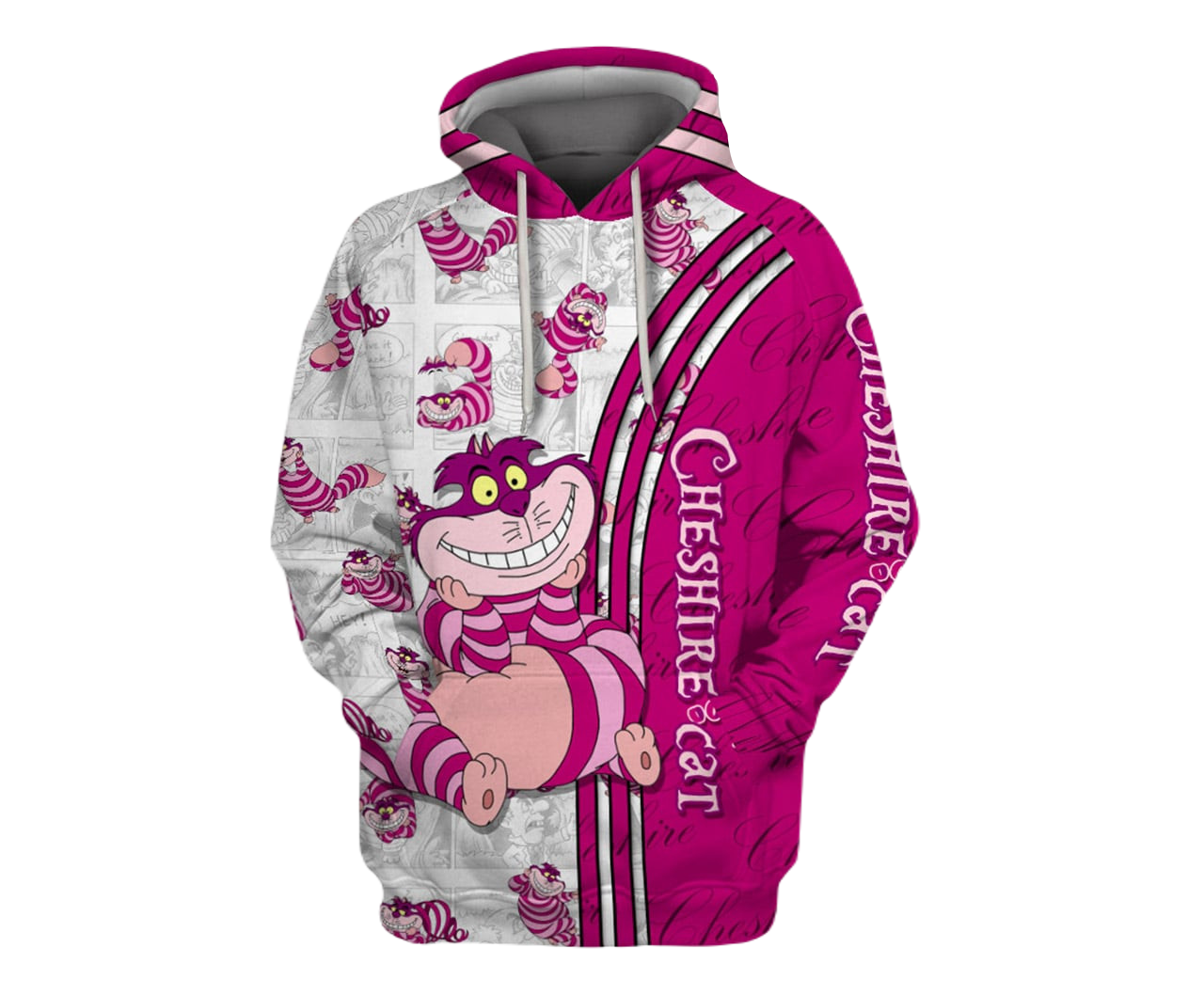 AIW Hoodie Cheshire Cat Comic Style Pattern Hoodie Pink White Unisex