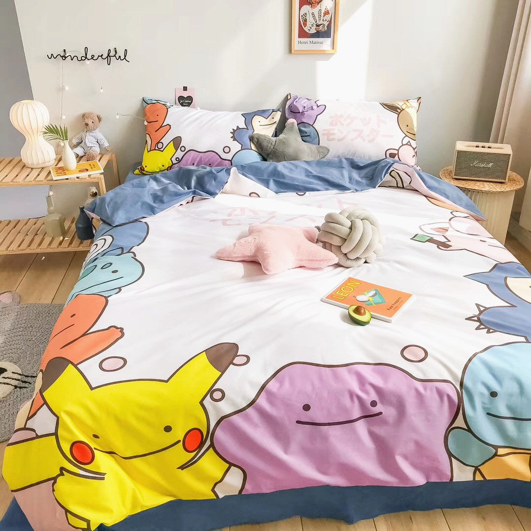 PKM Bedding Set Cutest PKM Pikachu Ditto Snorlax Chibi Duvet Covers Colorful Unique Gift