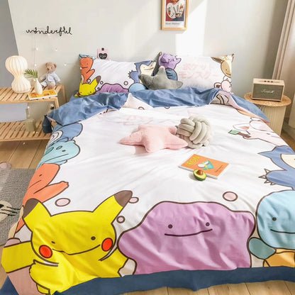 PKM Bedding Set Cutest PKM Pikachu Ditto Snorlax Chibi Duvet Covers Colorful Unique Gift