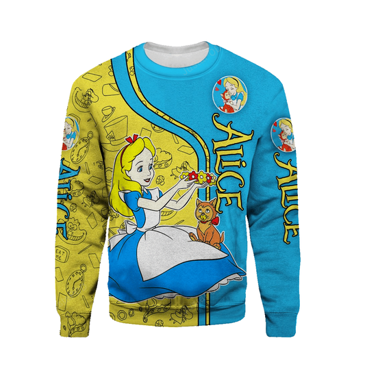 Alice In Wonderland Sweatshirt Cartoon Character Alice Sweatshirt Blue Yellow Unisex