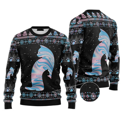 Cat Sweatshirt Cat Hologram Christmas Pattern Sweatshirt Black Unisex