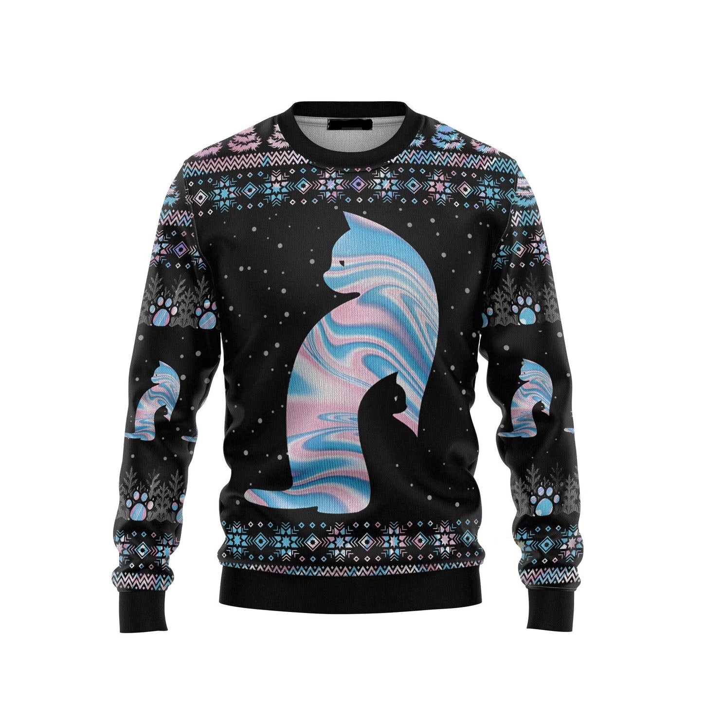 Cat Sweatshirt Cat Hologram Christmas Pattern Sweatshirt Black Unisex