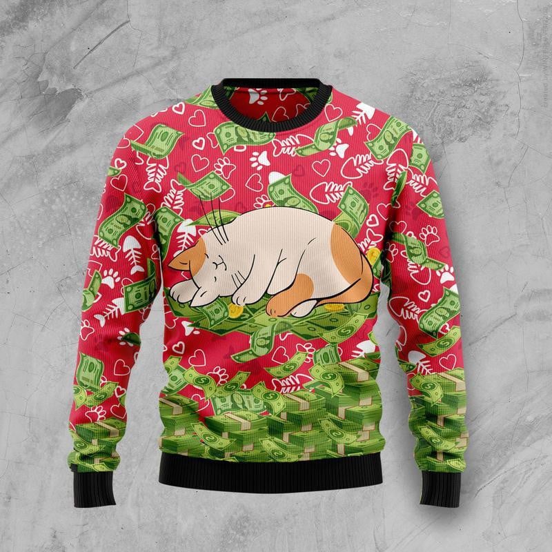 Cat Sweatshirt Cat Lies On Money Sweatshirt Red Green Unisex