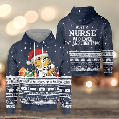 Nurse Christmas Hoodie Cat Just A Nurse Who Loves Cat And Christmas Hoodie