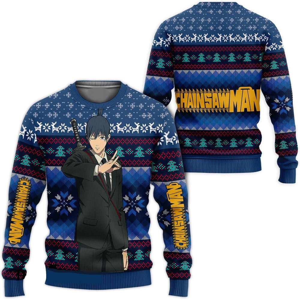 Chainsaw Man Sweatshirt Chainsaw Man Aki Hayakawa Christmas Pattern Sweatshirt Blue Unisex