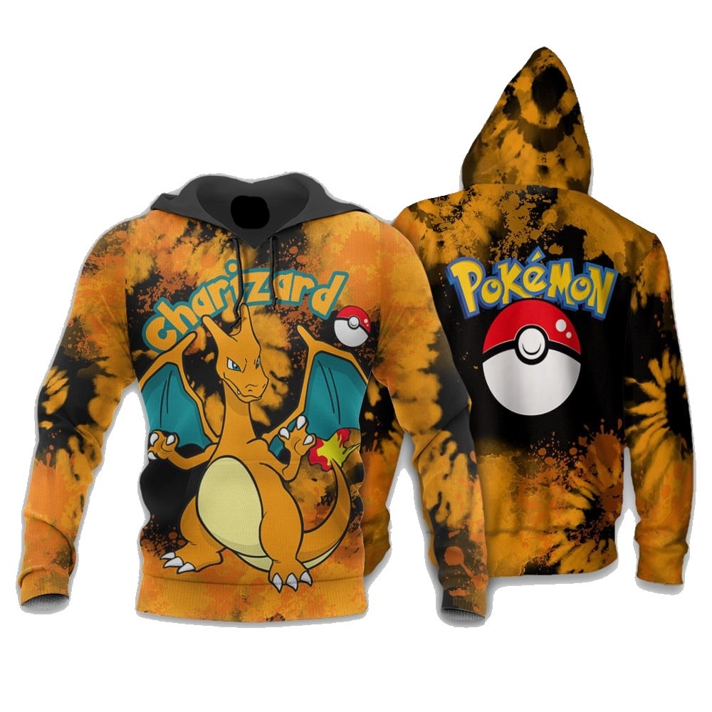 PKM Hoodie PKM Charizard Tie Dye Hoodie Black Orange Unisex