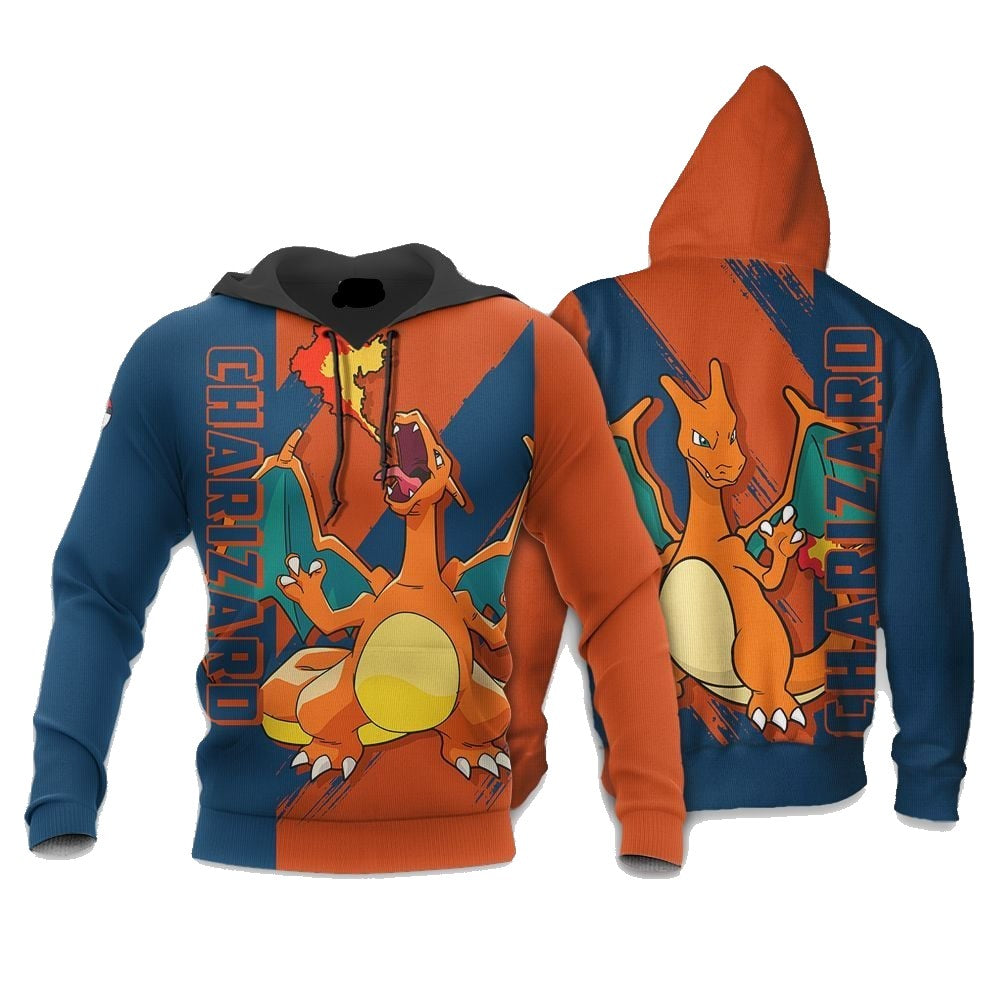 PKM Hoodie Charizard Blowing Fire Hoodie Orange Blue Unisex