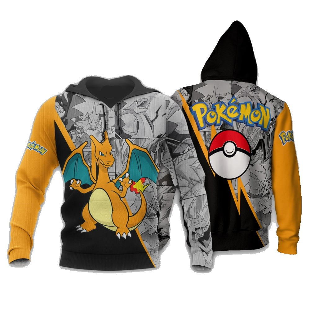 PKM Hoodie Charizard Graphic Manga Style Hoodie Black Orange Unisex