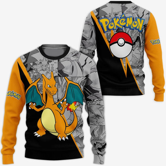 PKM Sweatshirt PKM Fire Type Charizard Manga Style Sweatshirt Orange Black Unisex