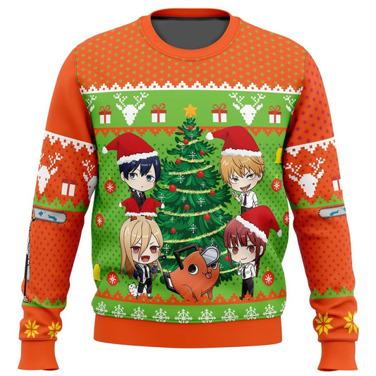 Chainsaw Man Sweatshirt Chibi Chainsaw Man Characters Sweatshirt Orange Green Unisex