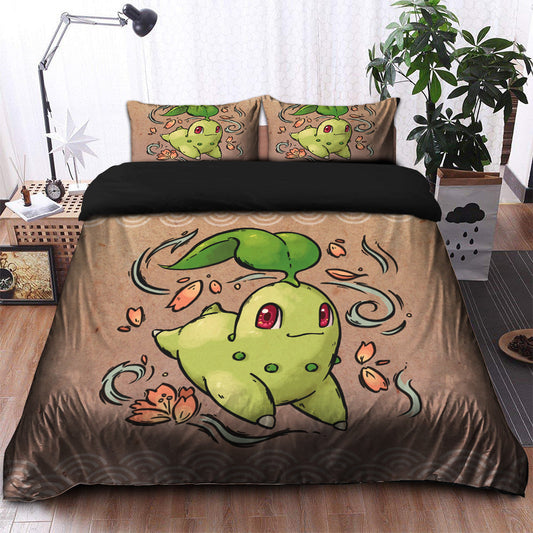 PKM Bedding Set Cute Chikorita PKM Graphic Duvet Covers Brown Green Unique Gift