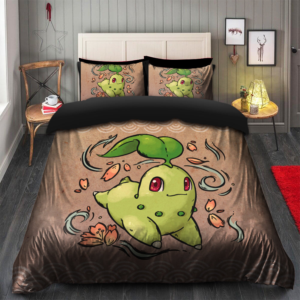 PKM Bedding Set Cute Chikorita PKM Graphic Duvet Covers Brown Green Unique Gift