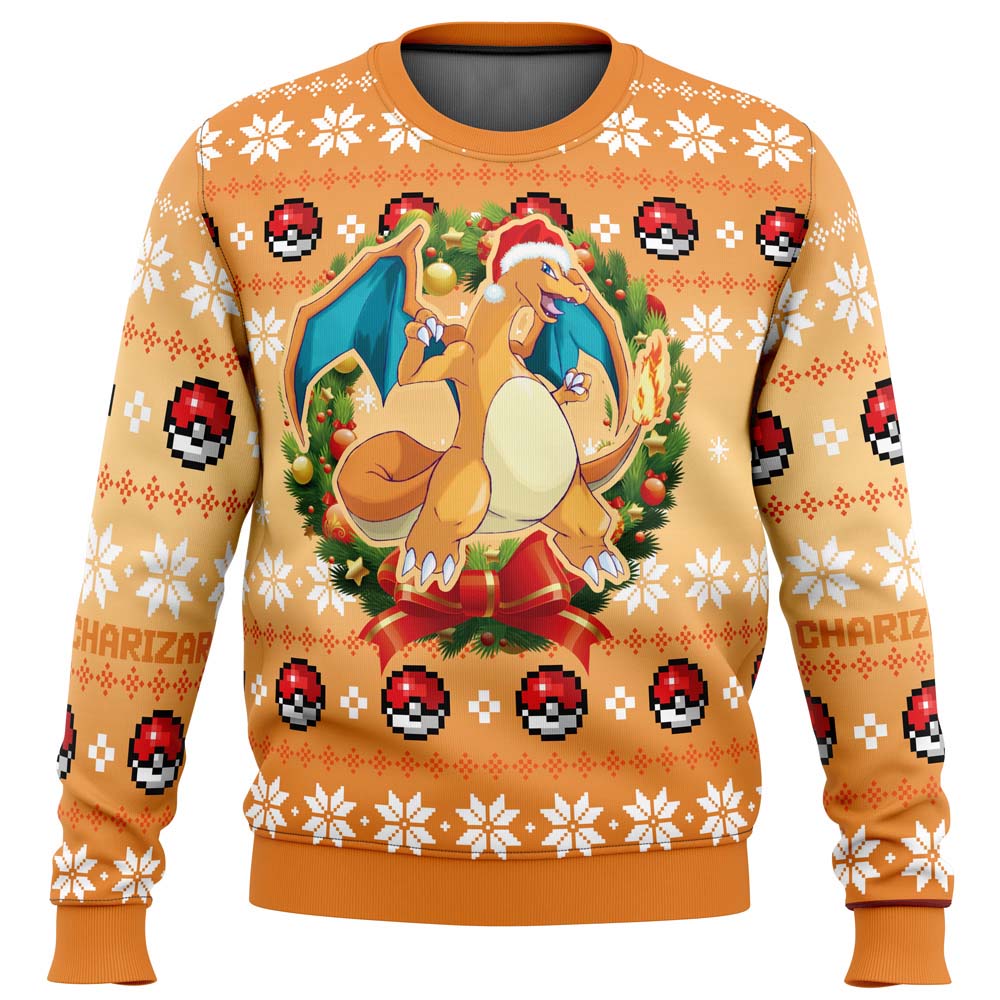 PKM Sweatshirt Charizard Christmas Wreath Pokeball Pattern Sweatshirt Orange Unisex