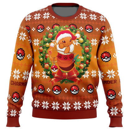 PKM Sweatshirt Charmander Christmas Wreath Pokeball Pattern Sweatshirt Orange Unisex