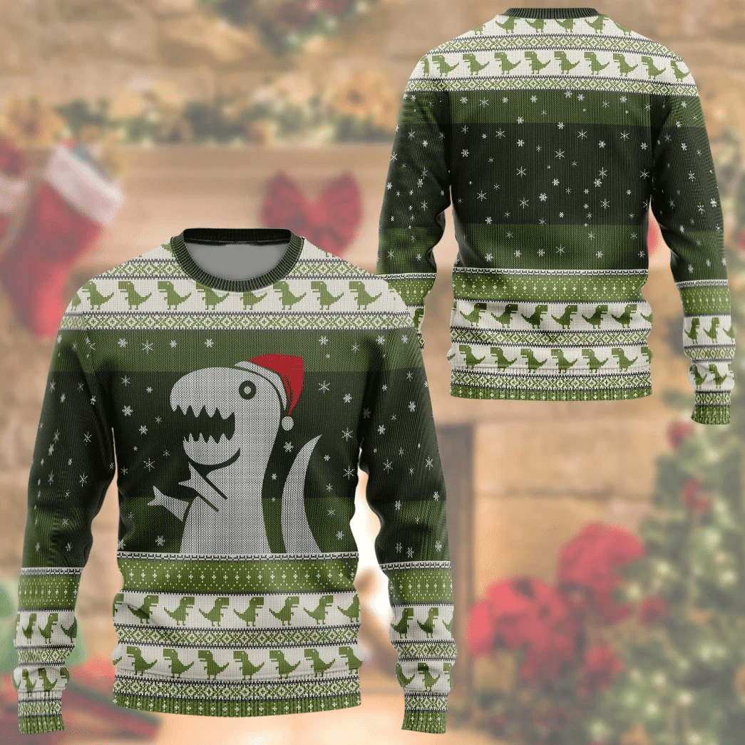 Dinosaur Sweatshirt Christmas Hat Dinosaur Pattern Sweatshirt Green Unisex