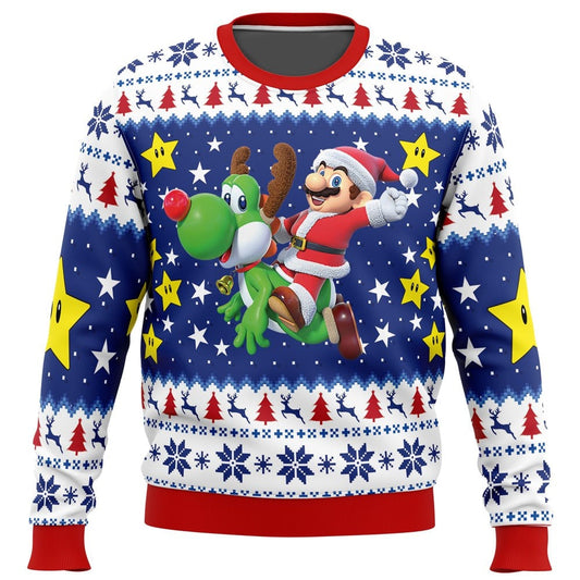 Mario Sweatshirt Mario On Yoshi Christmas Sweatshirt White Blue Unisex Adults New Release