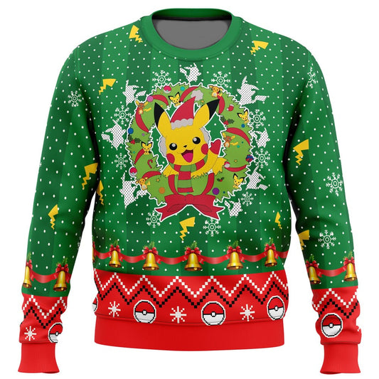 PKM Sweatshirt Christmas Pikachu Pokeball Bell Pattern Sweatshirt Green Red Unisex