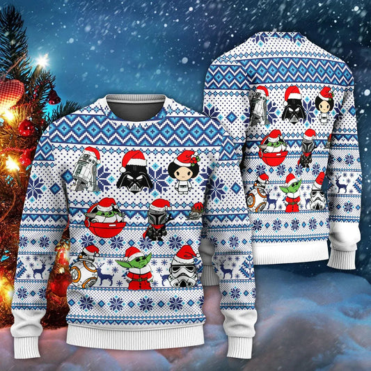 SW Sweatshirt SW Characters Pattern Christmas Sweatshirt White Blue Unisex