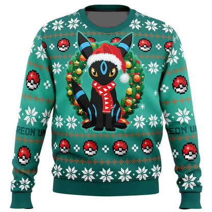 PKM Sweatshirt Umbreon Christmas Wreath Pokeball Pattern Sweatshirt Green Unisex