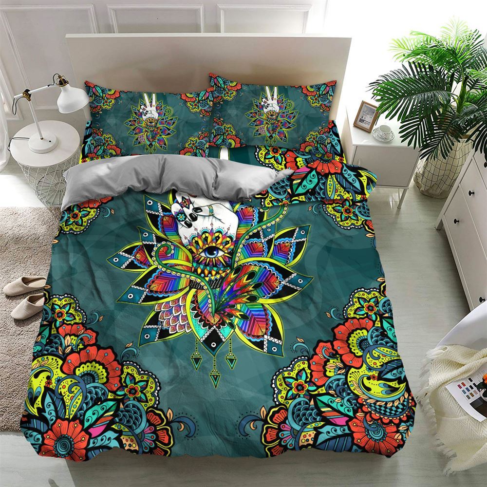 Hippie Bedding Set Eyes Hippie Mandala Flowers Pattern Duvet Covers Green Unique Gift