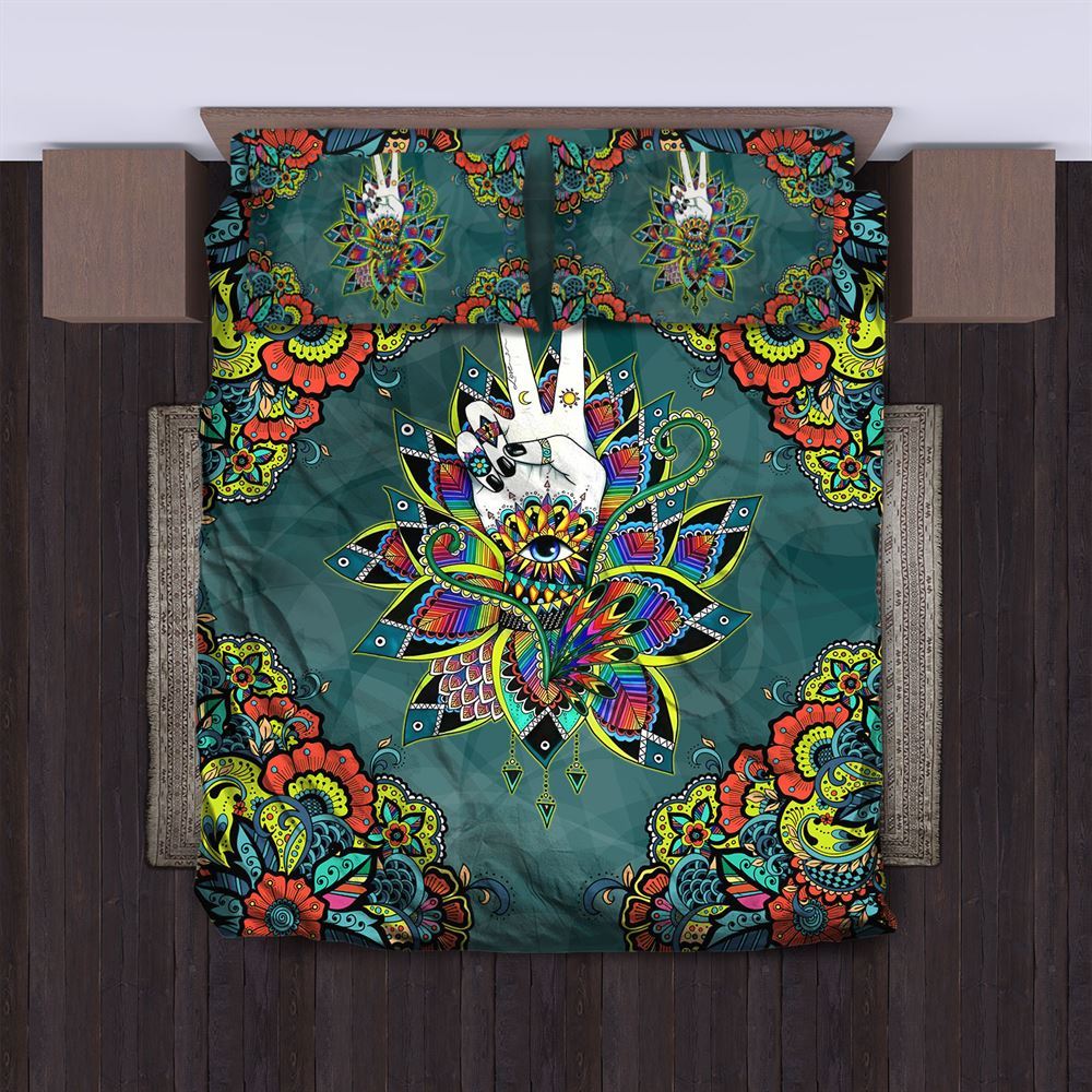 Hippie Bedding Set Eyes Hippie Mandala Flowers Pattern Duvet Covers Green Unique Gift