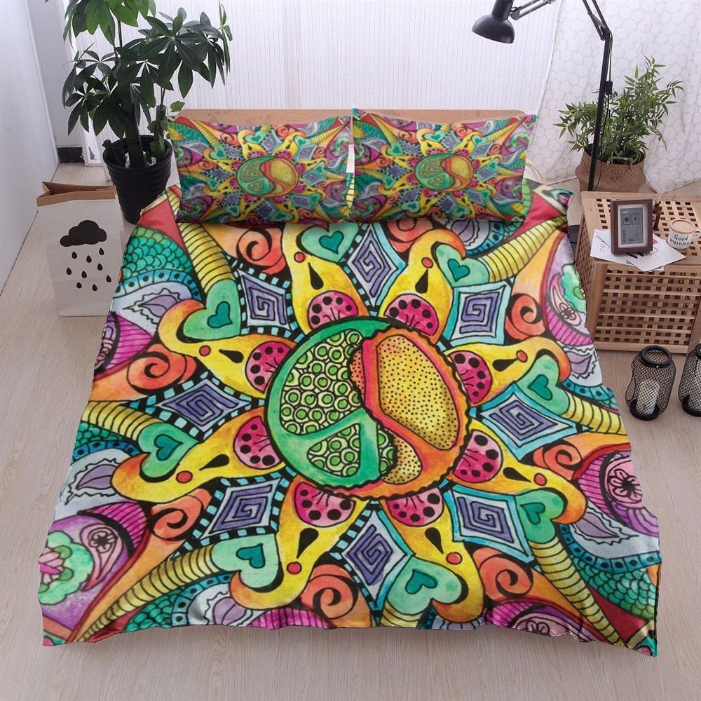 Hippie Bedding Set Hippie Peace Symbols Doodle Pattern Duvet Covers Colorful Unique Gift