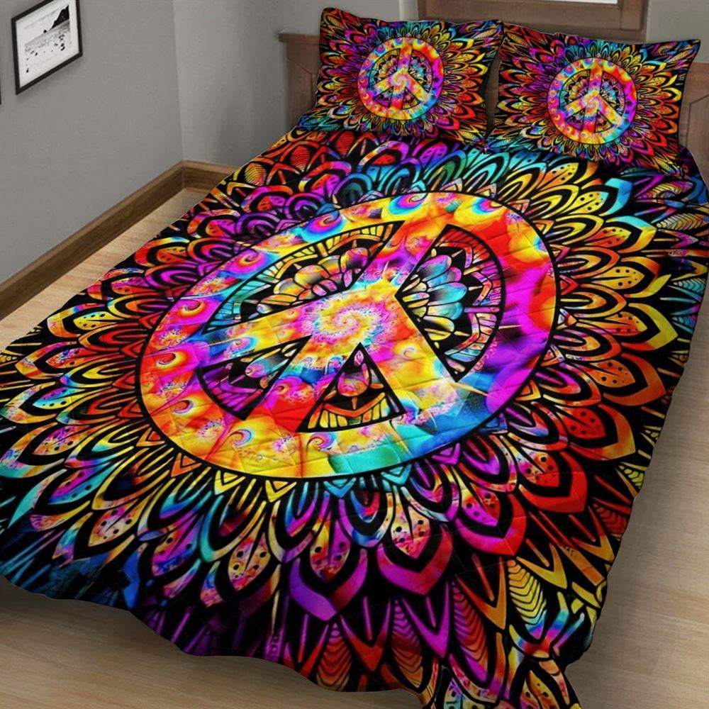 Hippie Bedding Set Peace Sign Sunflower Mandala Duvet Covers Colorful Unique Gift