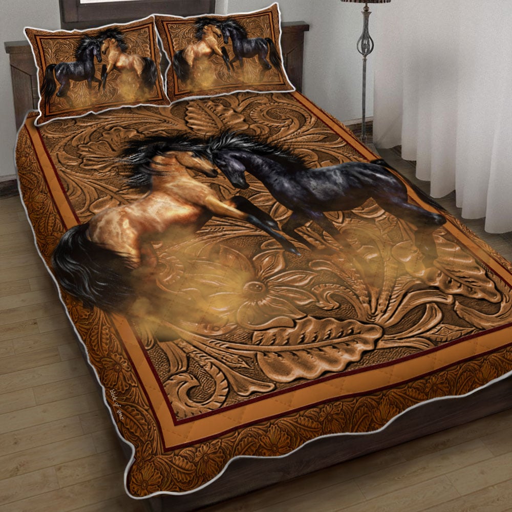 Horse Bedding Set Couple Horse Wood Carving Duvet Covers Brown Unique Gift