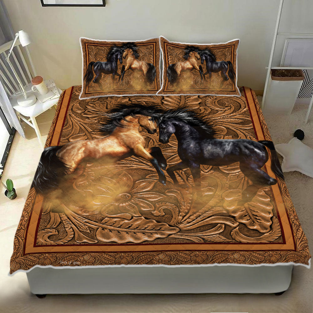 Horse Bedding Set Couple Horse Wood Carving Duvet Covers Brown Unique Gift