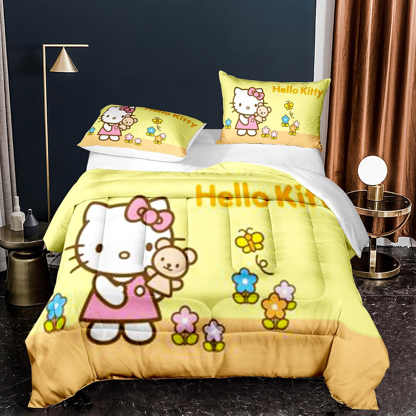 Hello Kitty Bedding Set Hello Kitty Teddy Bear And Flowers Duvet Covers Yellow Unique Gift