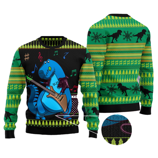 Dinosaur Sweatshirt Dinosaur Guitar Graphic Christmas Pattern Sweatshirt Green Black Unisex