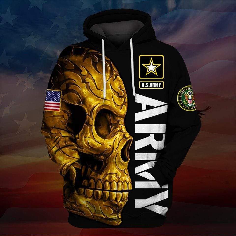 Unifinz Veteran Hoodie Golden Skull US Army Veteran 3D All Over Print Hoodie US Army Hoodie Military Apparel 2022