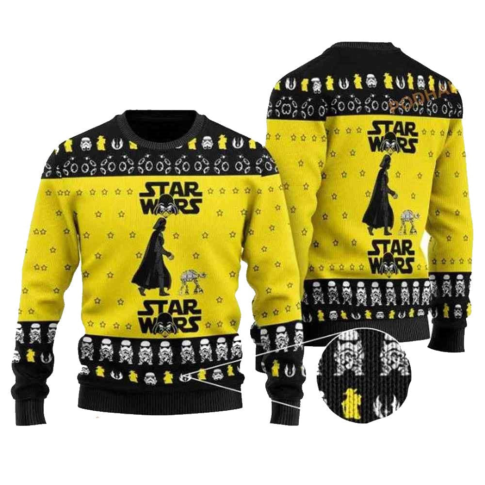 SW Sweatshirt Darth Vader With AT AT Storm Trooper Pattern Sweatshirt Black Yellow Unisex