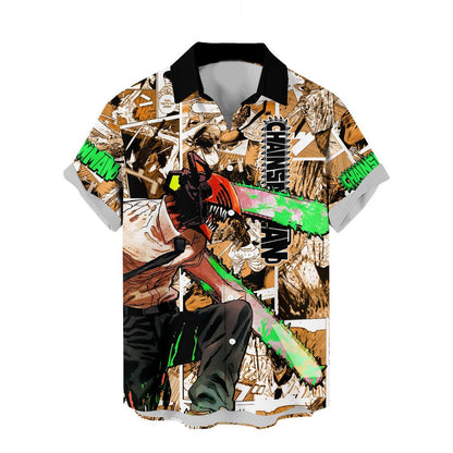 Chainsaw Man Hawaii Shirt Denji Character Manga Style Pattern Aloha Shirt Brown Unisex