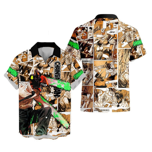 Chainsaw Man Hawaii Shirt Denji Character Manga Style Pattern Aloha Shirt Brown Unisex