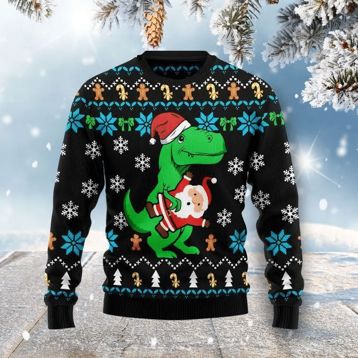 Dinosaur Sweatshirt Dinosaur Holds Santa Claus Sweatshirt Black Unisex